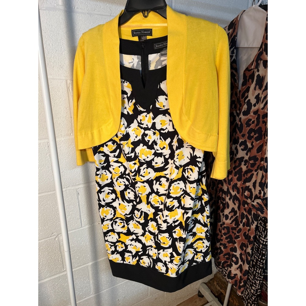 Jessica Howard Yellow Black Floral Sheath Dress and Shrug Set 12P JH2P5975